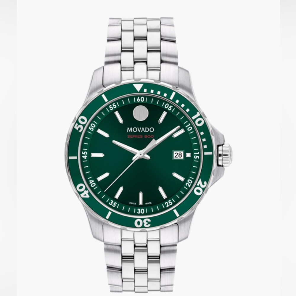 Authentic Movado 42mm case frames a green dial with stainless steel accents